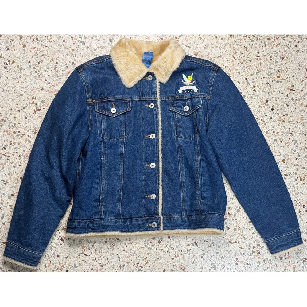 Disney Women's‎ Vtg Fiesty TInkerbell Sherpa Fur Lined Denim Jacket Size M